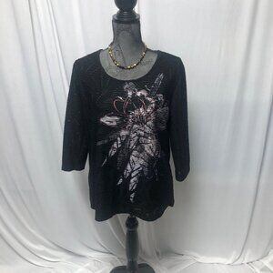 Christopher and Banks Top Womens Size Large Black Flower Textured Lined Shirt